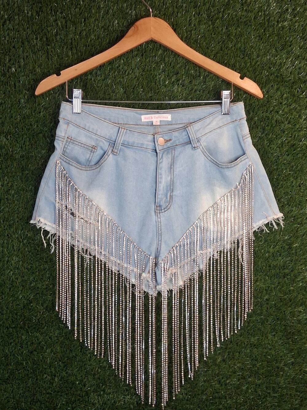 Hot & Delicious Rhinestone Fringe Denim Shorts Icy GRL Light Wash Medium...